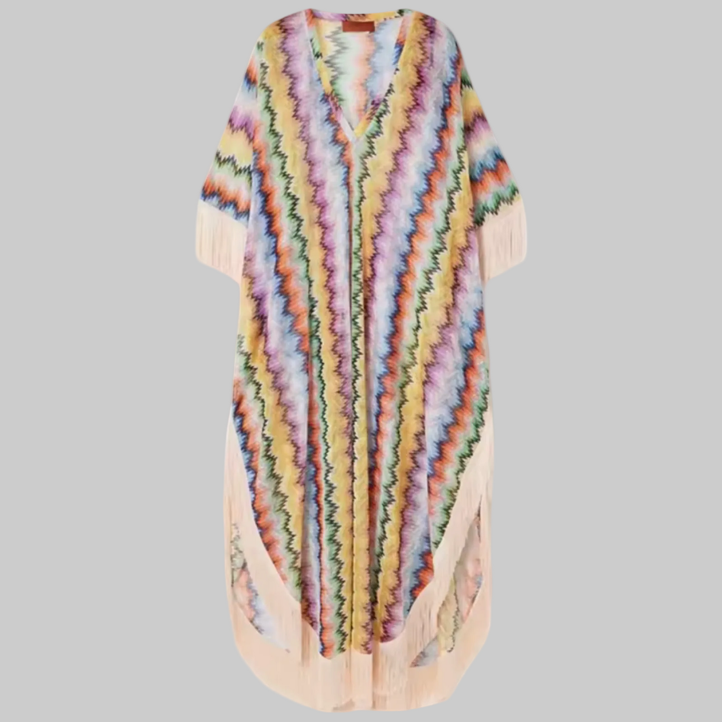 Bohemian Wave Print Tassel Maxi – V-Neck Irregular Beach Caftan – One | L’LUXE Resort-Wear
