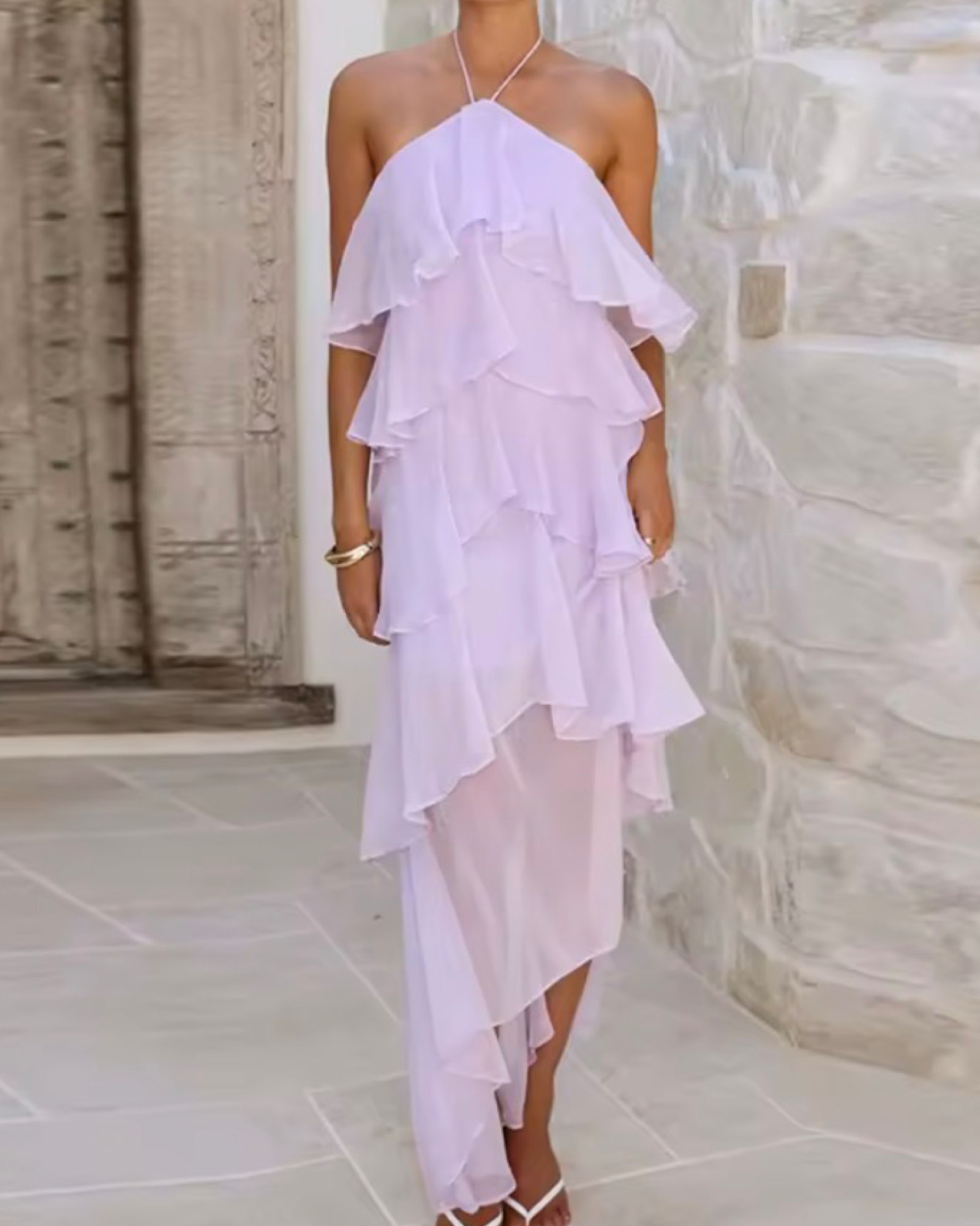 Layered Ruffle Halter High-Low Dress
