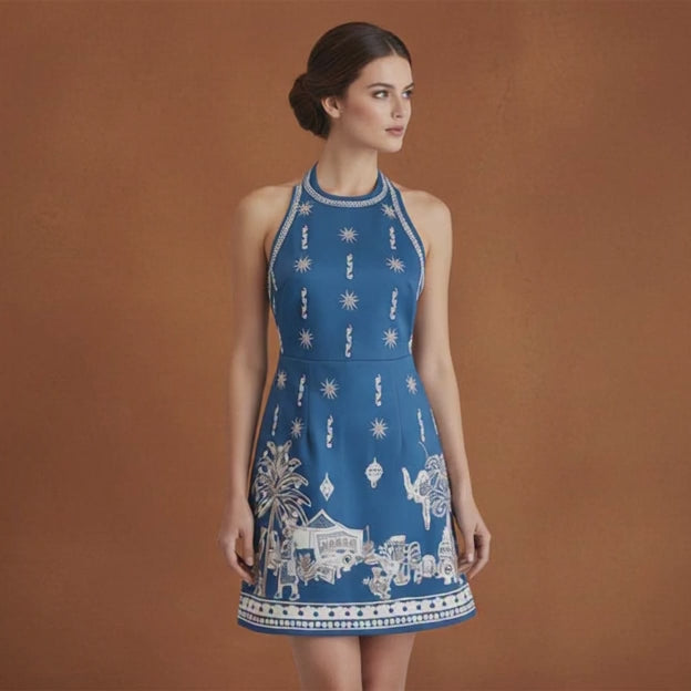Backless Blue Linen Print Halter Neck Mini Dress
