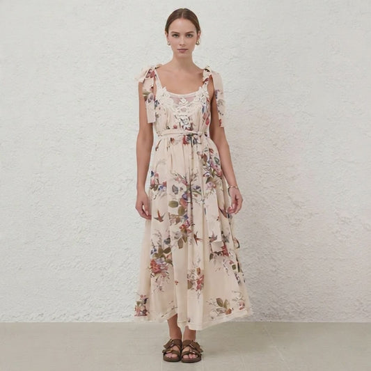 White Vanilla Floral Lace Patchwork Sleeveless Midi Dress  | L’LUXE Luxury Edit