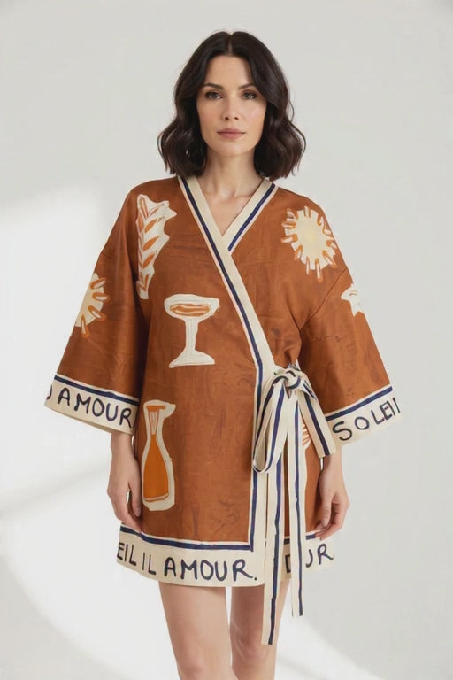 Hand-Drawn Bottle Print Silk Linen Blend Wrap Mini Dress